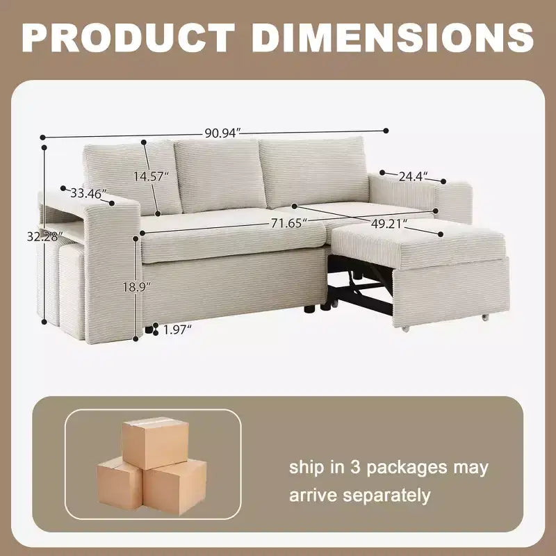 Verwandelbares L-förmiges Schlafsofa mit ausziehbarem Bett und umkehrbarer Recamiere für Wohnzimmer, Apartment, Schlafzimmer und Büro