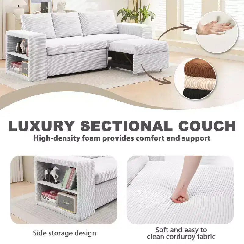 Verwandelbares L-förmiges Schlafsofa mit ausziehbarem Bett und umkehrbarer Recamiere für Wohnzimmer, Apartment, Schlafzimmer und Büro