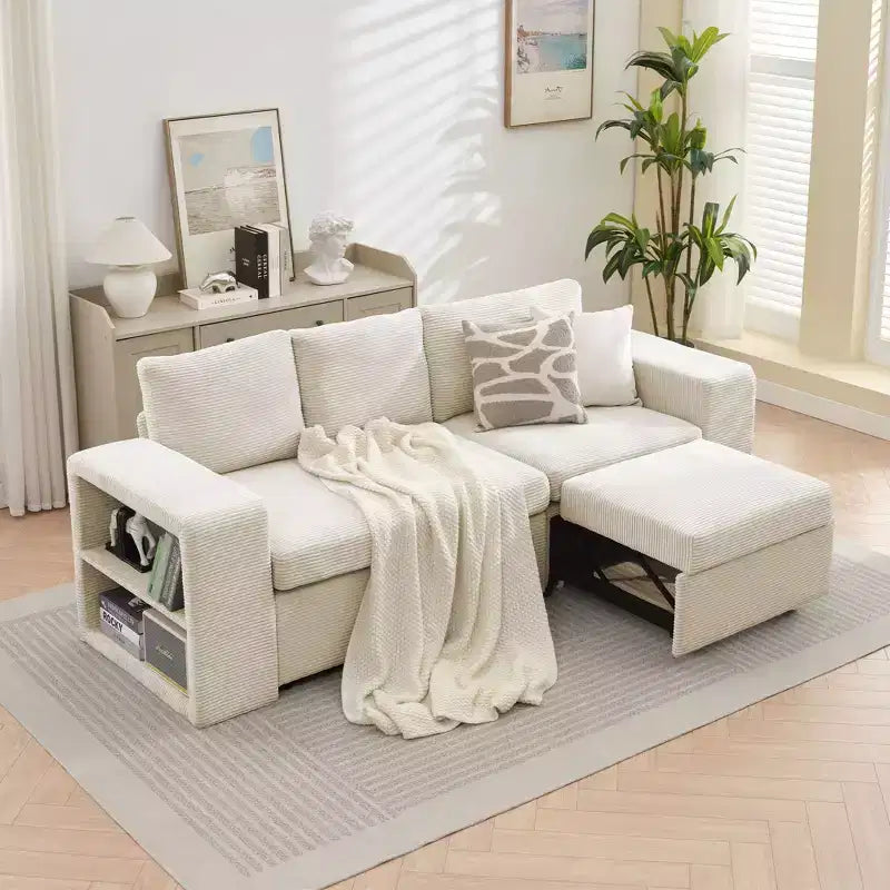 Canapé-lit convertible en L avec lit gigogne, canapé convertible avec méridienne réversible pour salon, appartement, chambre ou bureau