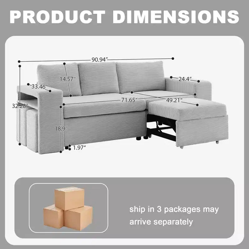 Verwandelbares L-förmiges Schlafsofa mit ausziehbarem Bett und umkehrbarer Recamiere für Wohnzimmer, Apartment, Schlafzimmer und Büro