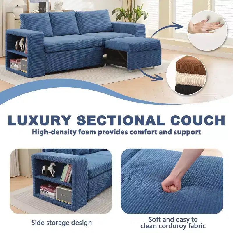 Verwandelbares L-förmiges Schlafsofa mit ausziehbarem Bett und umkehrbarer Recamiere für Wohnzimmer, Apartment, Schlafzimmer und Büro