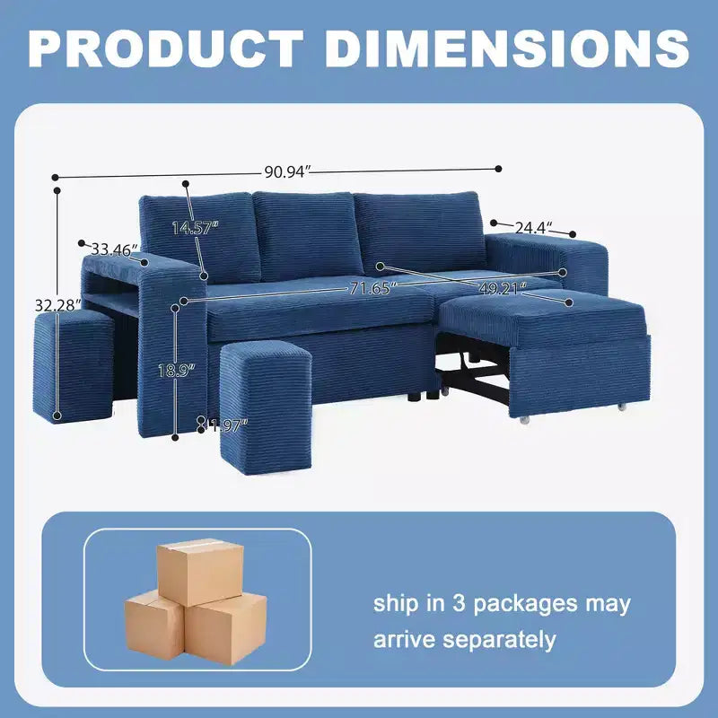 Verwandelbares L-förmiges Schlafsofa mit ausziehbarem Bett und umkehrbarer Recamiere für Wohnzimmer, Apartment, Schlafzimmer und Büro