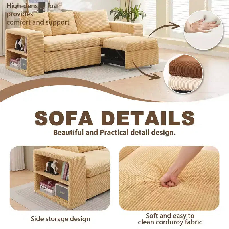 Verwandelbares L-förmiges Schlafsofa mit ausziehbarem Bett und umkehrbarer Recamiere für Wohnzimmer, Apartment, Schlafzimmer und Büro