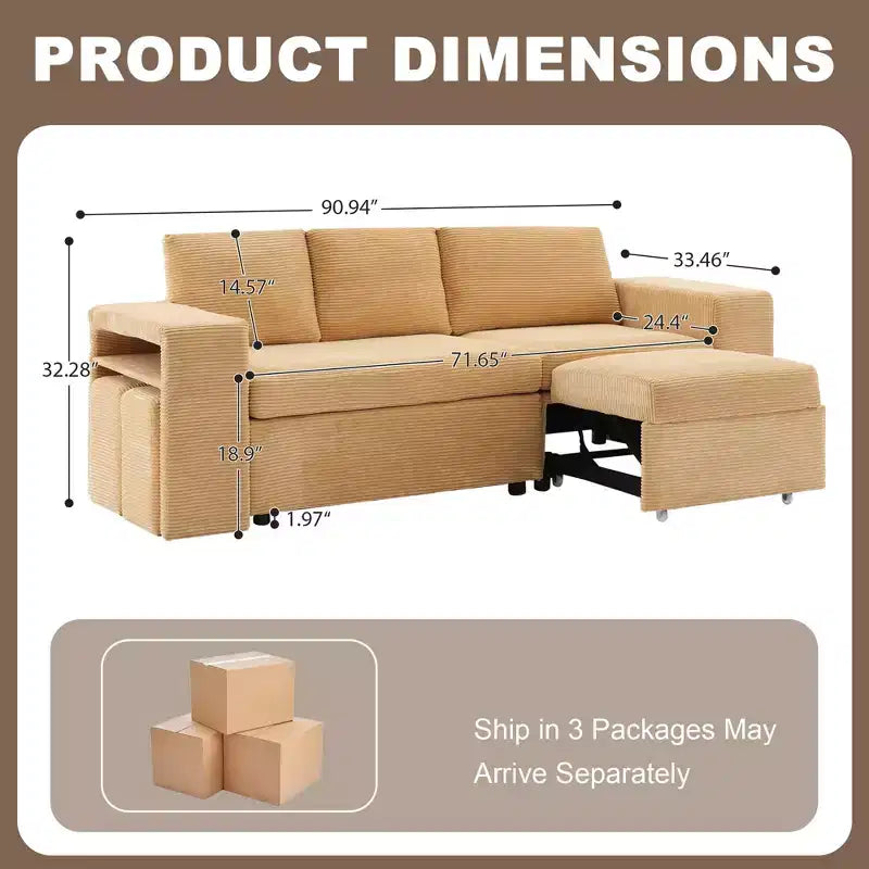 Verwandelbares L-förmiges Schlafsofa mit ausziehbarem Bett und umkehrbarer Recamiere für Wohnzimmer, Apartment, Schlafzimmer und Büro