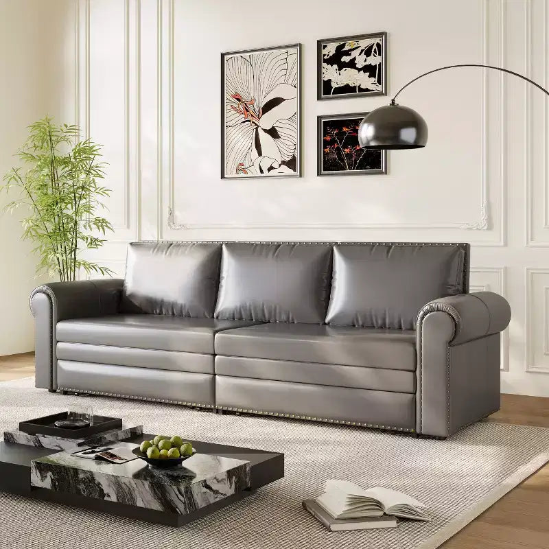 Multifunktionales 93.7-Schlafsofa in King-Size aus Kunstleder mit Nagelkopfzierleisten