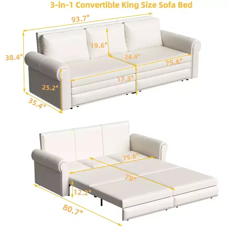 Multifunktionales 93.7-Schlafsofa in King-Size aus Kunstleder mit Nagelkopfzierleisten
