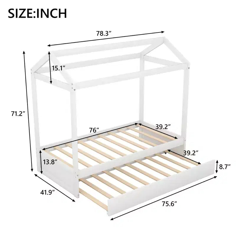 Cama decorable con forma de casa y cama nido - Blanca
