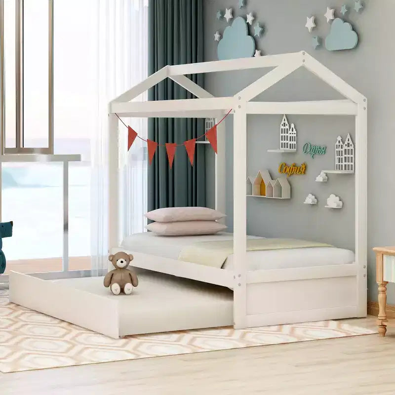 Lit en forme de maison à décorer avec lit gigogne - blanc