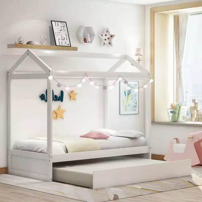 Cama decorable con forma de casa y cama nido - Blanca