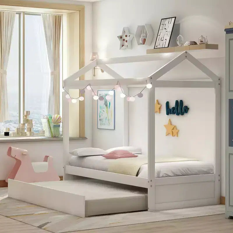 Lit en forme de maison à décorer avec lit gigogne - blanc