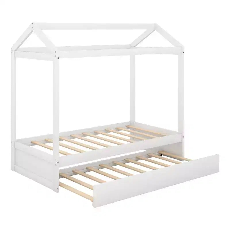 Cama decorable con forma de casa y cama nido - Blanca