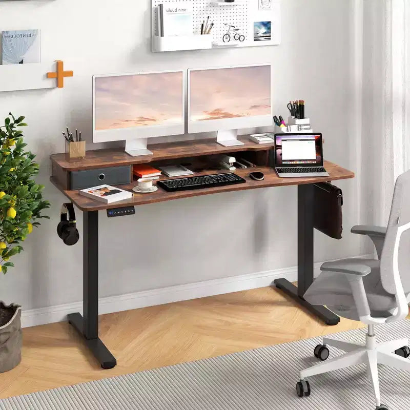 Bureau électrique assis-debout de 55x 24 avec 2 tiroirs, support pour écran et étagère de rangement, noir/blanc/marron