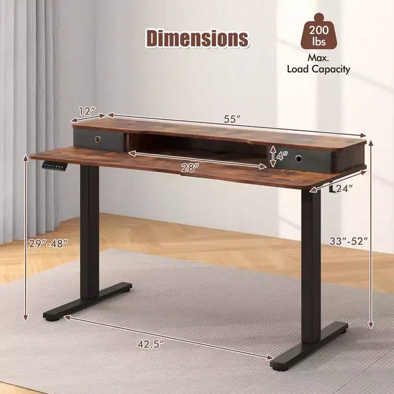 Bureau électrique assis-debout de 55x 24 avec 2 tiroirs, support pour écran et étagère de rangement, noir/blanc/marron