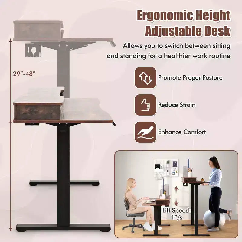 Bureau électrique assis-debout de 55x 24 avec 2 tiroirs, support pour écran et étagère de rangement, noir/blanc/marron