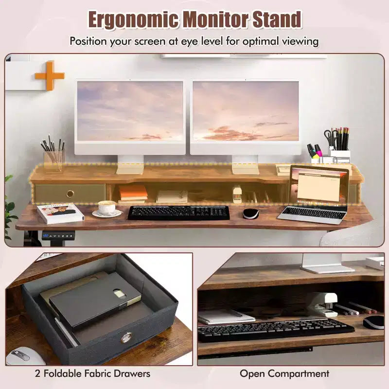 Bureau électrique assis-debout de 55x 24 avec 2 tiroirs, support pour écran et étagère de rangement, noir/blanc/marron