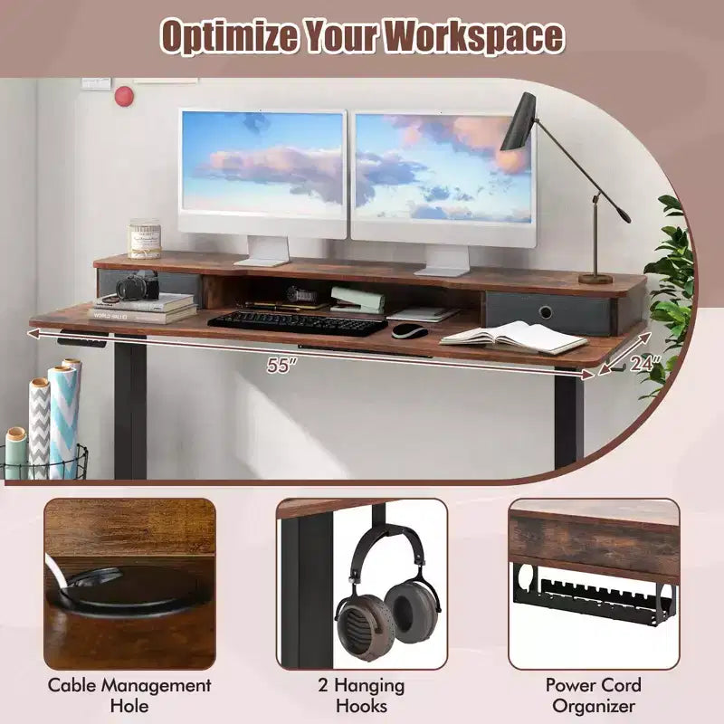 Bureau électrique assis-debout de 55x 24 avec 2 tiroirs, support pour écran et étagère de rangement, noir/blanc/marron