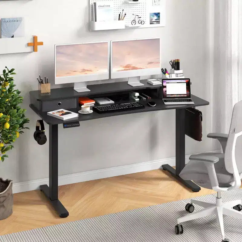 Bureau électrique assis-debout de 55x 24 avec 2 tiroirs, support pour écran et étagère de rangement, noir/blanc/marron
