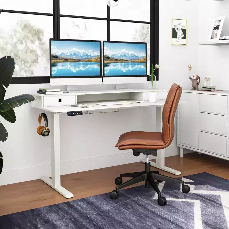 Bureau électrique assis-debout de 55x 24 avec 2 tiroirs, support pour écran et étagère de rangement, noir/blanc/marron