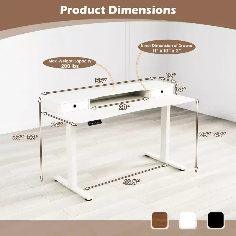 Bureau électrique assis-debout de 55x 24 avec 2 tiroirs, support pour écran et étagère de rangement, noir/blanc/marron