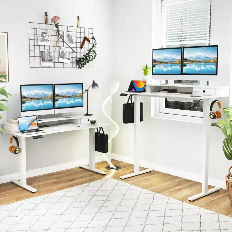 Bureau électrique assis-debout de 55x 24 avec 2 tiroirs, support pour écran et étagère de rangement, noir/blanc/marron
