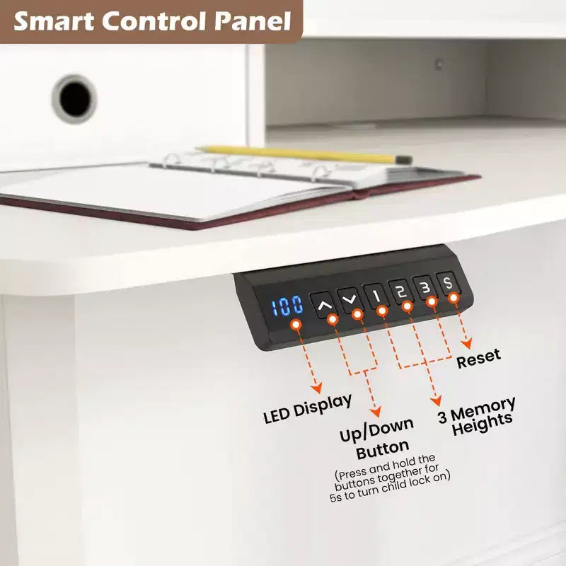 Bureau électrique assis-debout de 55x 24 avec 2 tiroirs, support pour écran et étagère de rangement, noir/blanc/marron