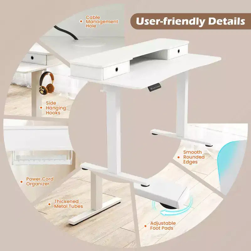 Bureau électrique assis-debout de 55x 24 avec 2 tiroirs, support pour écran et étagère de rangement, noir/blanc/marron