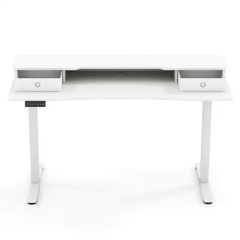 Bureau électrique assis-debout de 55x 24 avec 2 tiroirs, support pour écran et étagère de rangement, noir/blanc/marron