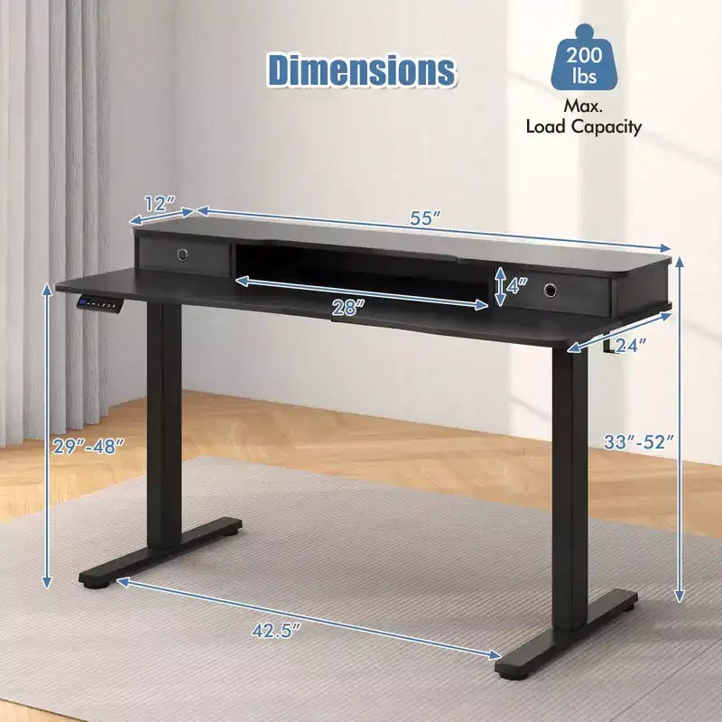 Bureau électrique assis-debout de 55x 24 avec 2 tiroirs, support pour écran et étagère de rangement, noir/blanc/marron