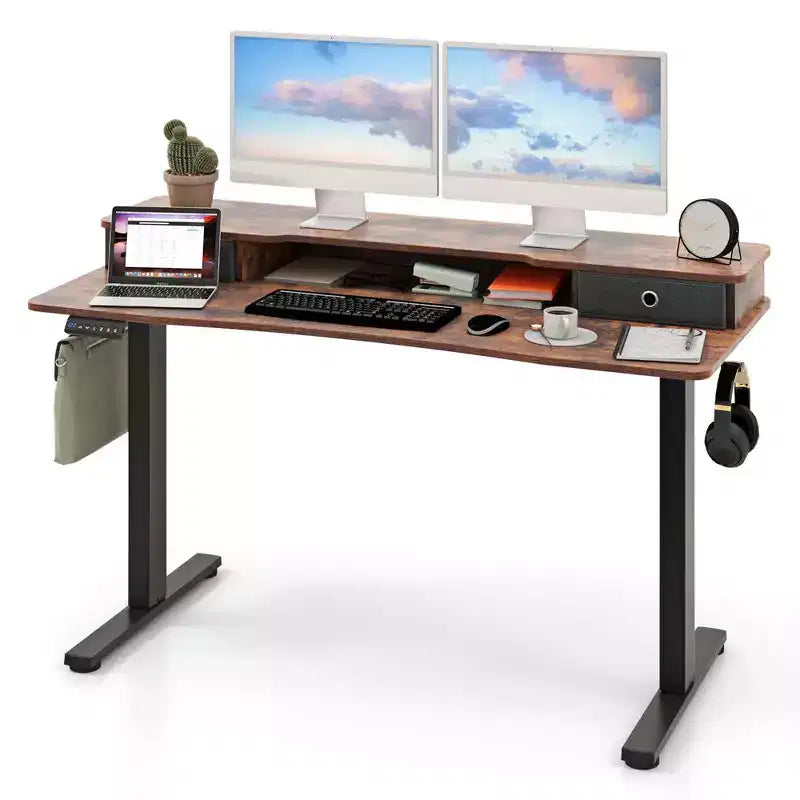 Bureau électrique assis-debout de 55x 24 avec 2 tiroirs, support pour écran et étagère de rangement, noir/blanc/marron