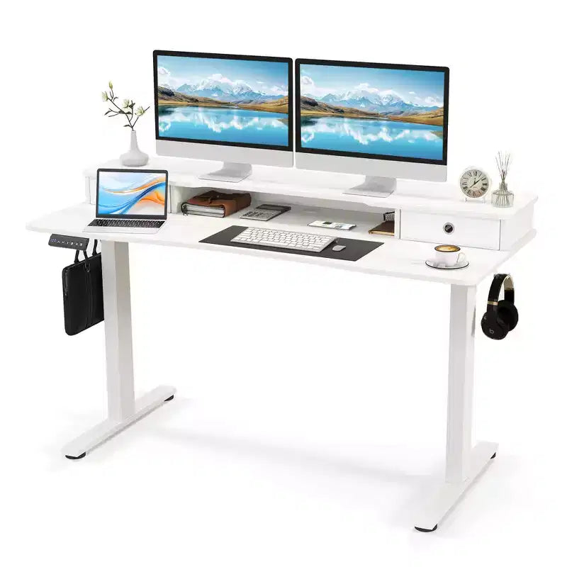 Bureau électrique assis-debout de 55x 24 avec 2 tiroirs, support pour écran et étagère de rangement, noir/blanc/marron