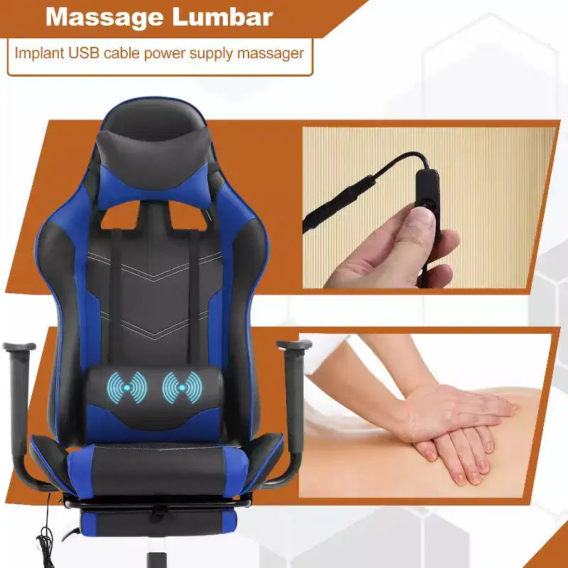 Fauteuil de jeu de course et de bureau avec fonction de massage et soutien lombaire, similicuir PU, pour adulte