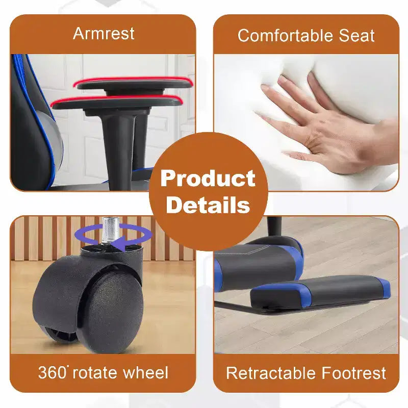 Fauteuil de jeu de course et de bureau avec fonction de massage et soutien lombaire, similicuir PU, pour adulte