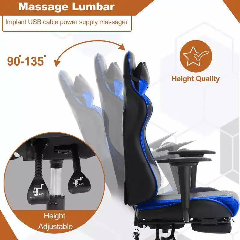 Fauteuil de jeu de course et de bureau avec fonction de massage et soutien lombaire, similicuir PU, pour adulte