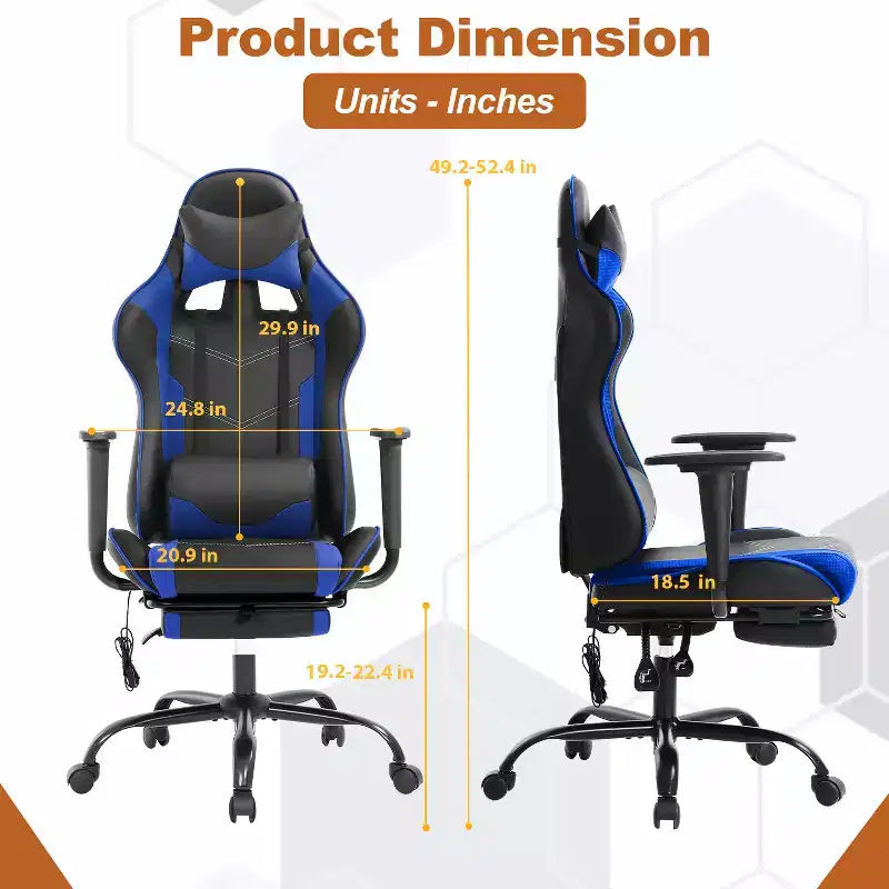 Fauteuil de jeu de course et de bureau avec fonction de massage et soutien lombaire, similicuir PU, pour adulte