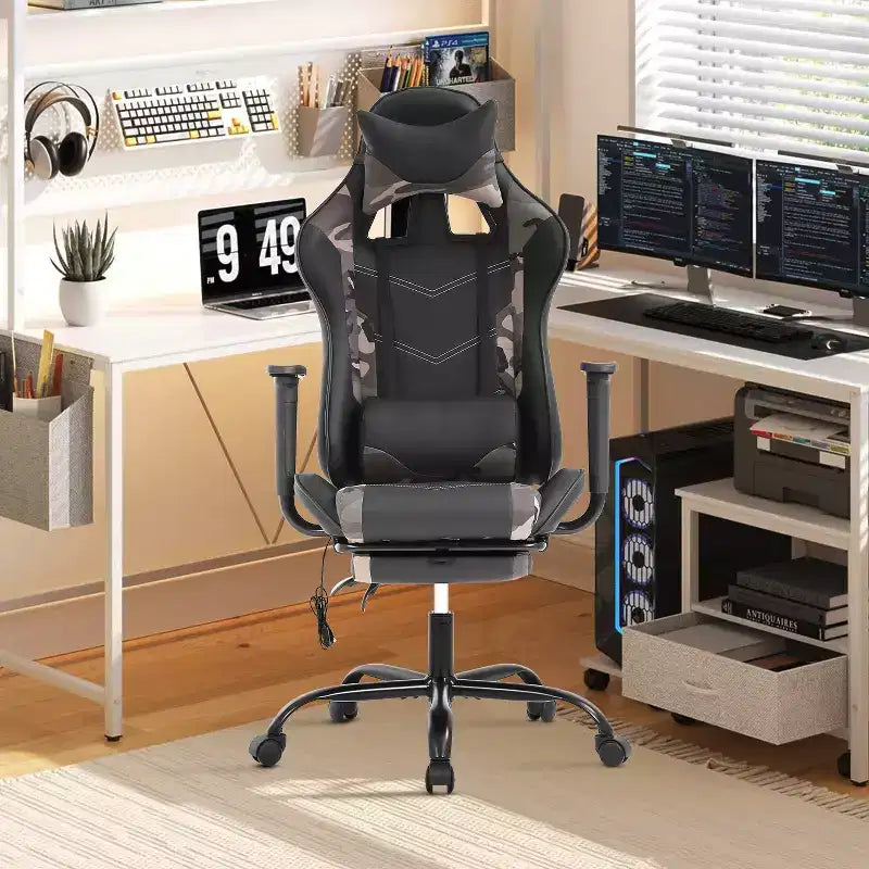 Fauteuil de jeu de course et de bureau avec fonction de massage et soutien lombaire, similicuir PU, pour adulte