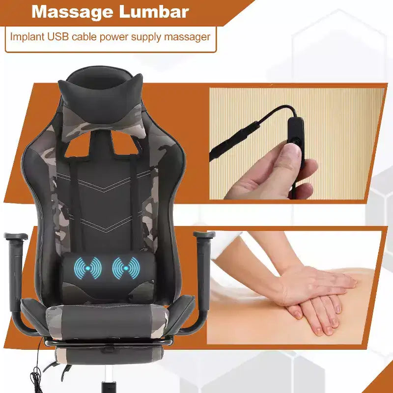 Fauteuil de jeu de course et de bureau avec fonction de massage et soutien lombaire, similicuir PU, pour adulte