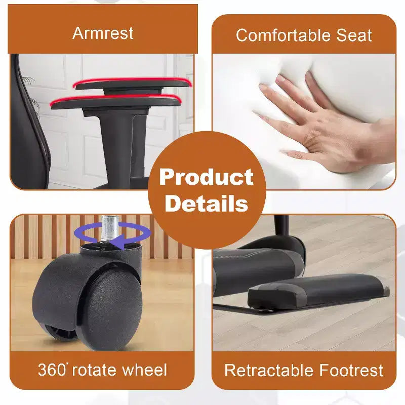 Fauteuil de jeu de course et de bureau avec fonction de massage et soutien lombaire, similicuir PU, pour adulte