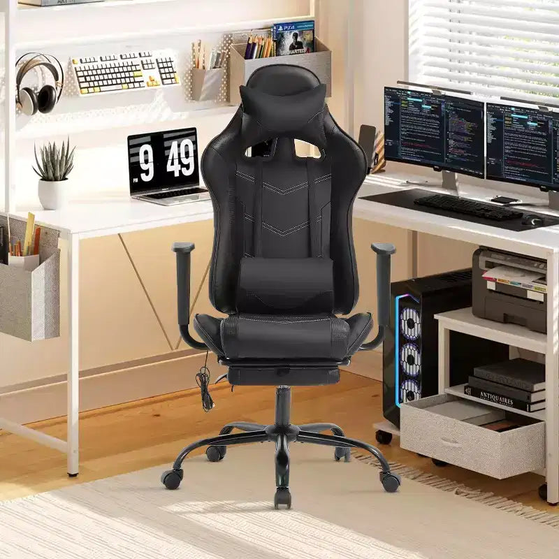 Fauteuil de jeu de course et de bureau avec fonction de massage et soutien lombaire, similicuir PU, pour adulte