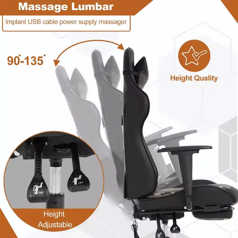 Fauteuil de jeu de course et de bureau avec fonction de massage et soutien lombaire, similicuir PU, pour adulte