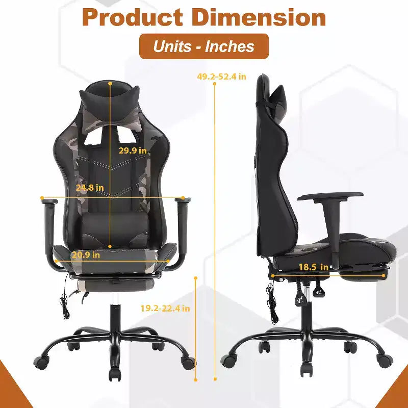 Fauteuil de jeu de course et de bureau avec fonction de massage et soutien lombaire, similicuir PU, pour adulte