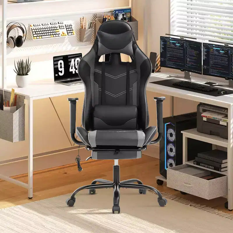 Fauteuil de jeu de course et de bureau avec fonction de massage et soutien lombaire, similicuir PU, pour adulte