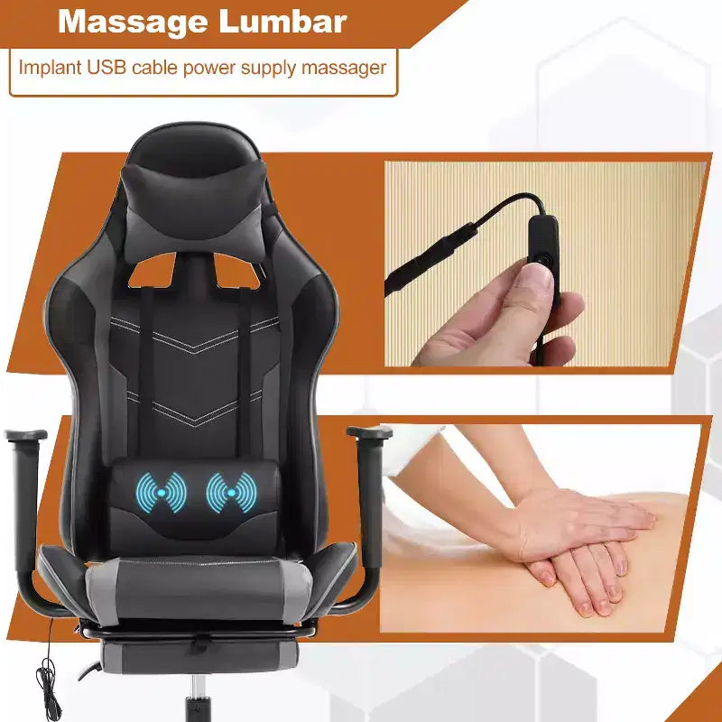 Fauteuil de jeu de course et de bureau avec fonction de massage et soutien lombaire, similicuir PU, pour adulte