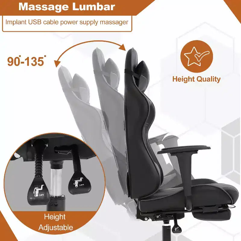 Fauteuil de jeu de course et de bureau avec fonction de massage et soutien lombaire, similicuir PU, pour adulte