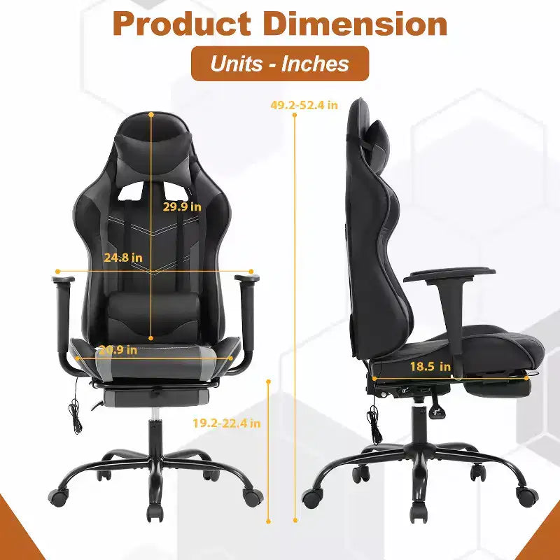 Fauteuil de jeu de course et de bureau avec fonction de massage et soutien lombaire, similicuir PU, pour adulte