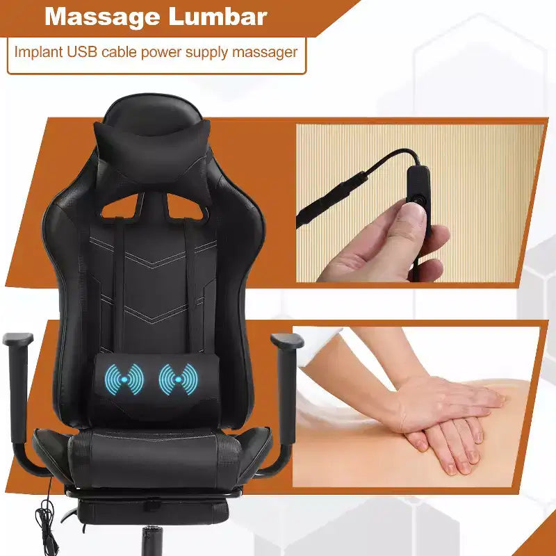 Fauteuil de jeu de course et de bureau avec fonction de massage et soutien lombaire, similicuir PU, pour adulte