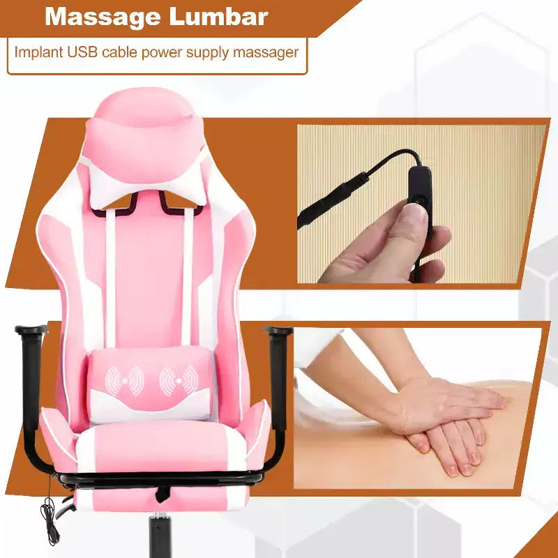 Fauteuil de jeu de course et de bureau avec fonction de massage et soutien lombaire, similicuir PU, pour adulte