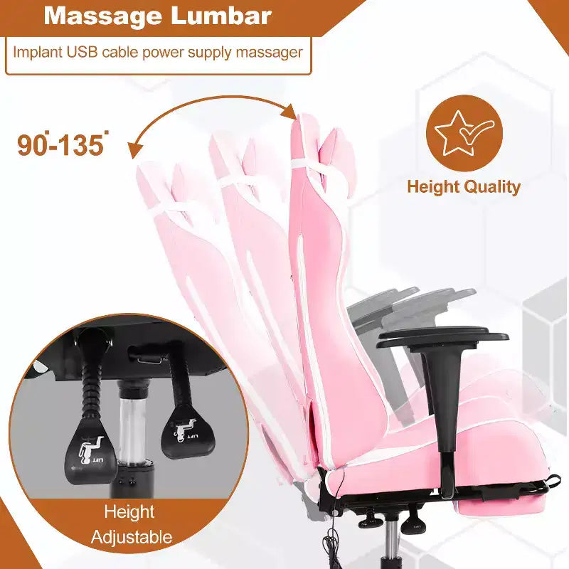 Fauteuil de jeu de course et de bureau avec fonction de massage et soutien lombaire, similicuir PU, pour adulte