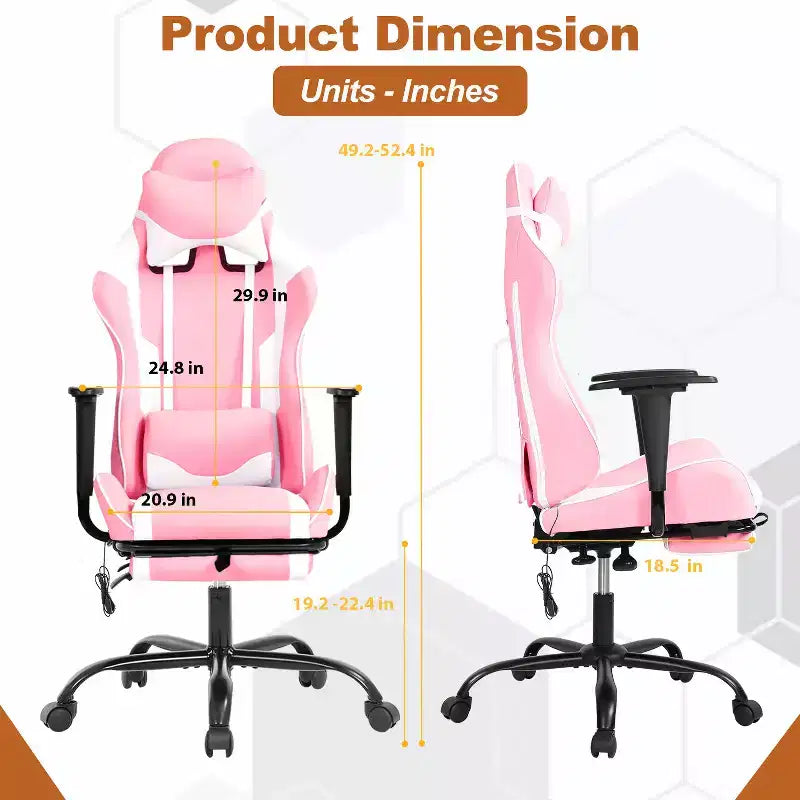 Fauteuil de jeu de course et de bureau avec fonction de massage et soutien lombaire, similicuir PU, pour adulte