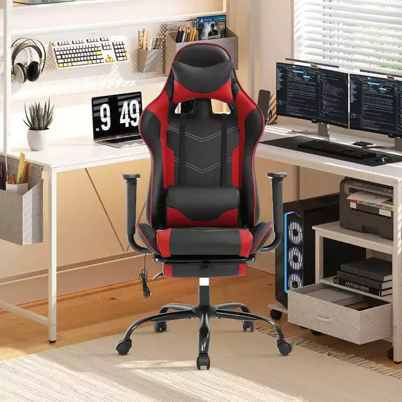 Fauteuil de jeu de course et de bureau avec fonction de massage et soutien lombaire, similicuir PU, pour adulte