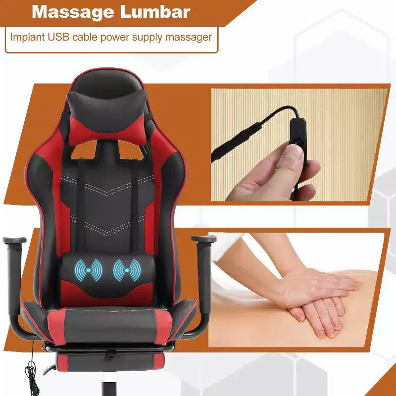 Fauteuil de jeu de course et de bureau avec fonction de massage et soutien lombaire, similicuir PU, pour adulte